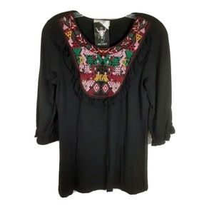 NWT Haley & Co black colorful embroidered boho short sleeve top blouse sz small